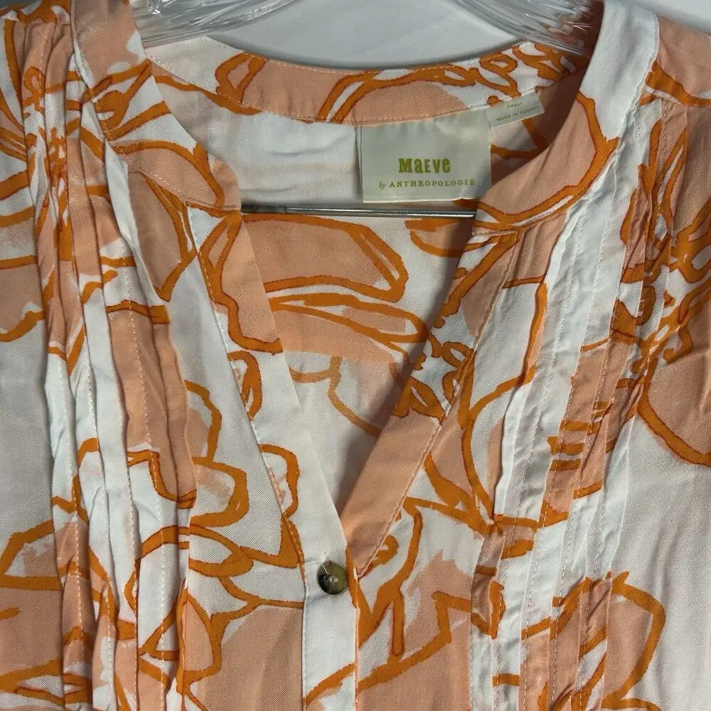 Maeve Anthropologie Floral Pintucked Button Front Blouse White And Orange Small - Picture 3 of 7